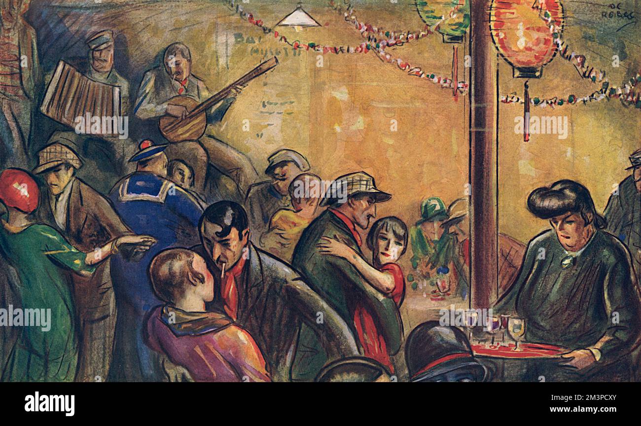 La société bohème dans une caf&#x9829;n Paris en appréciant le bal musette - dansant le tango et d'autres danses à la musique traditionnelle dans laquelle l'accordéon occupe le devant de la scène. Tres Français! Date: 1929 Banque D'Images