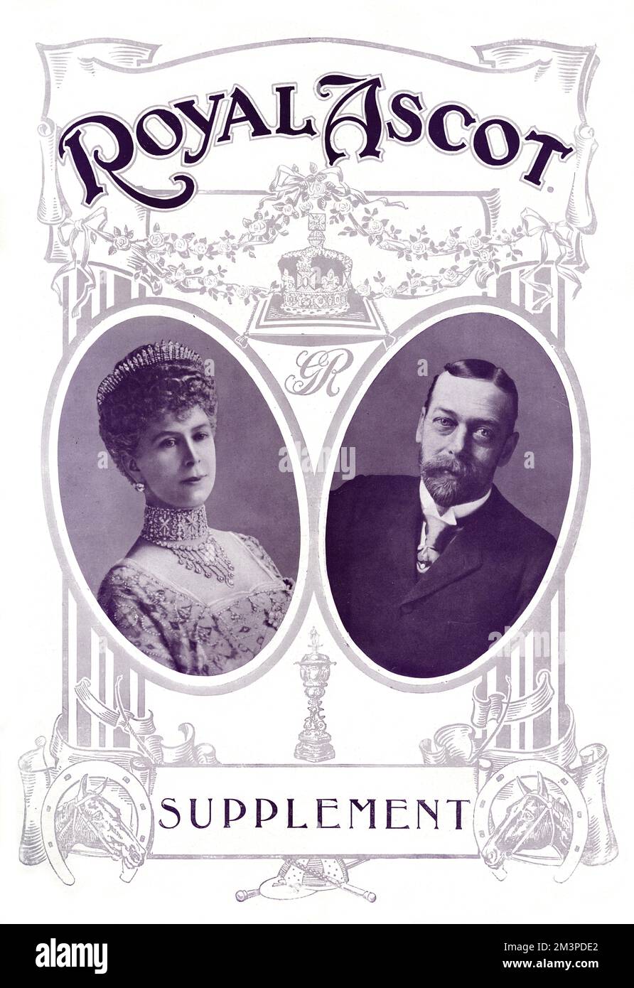 Le roi George V et la reine Mary sont photographiés en violet royal sur la couverture du supplément de l'Ascot royal des nouvelles sportives et dramatiques illustrées en juin 1914. 1914 Banque D'Images