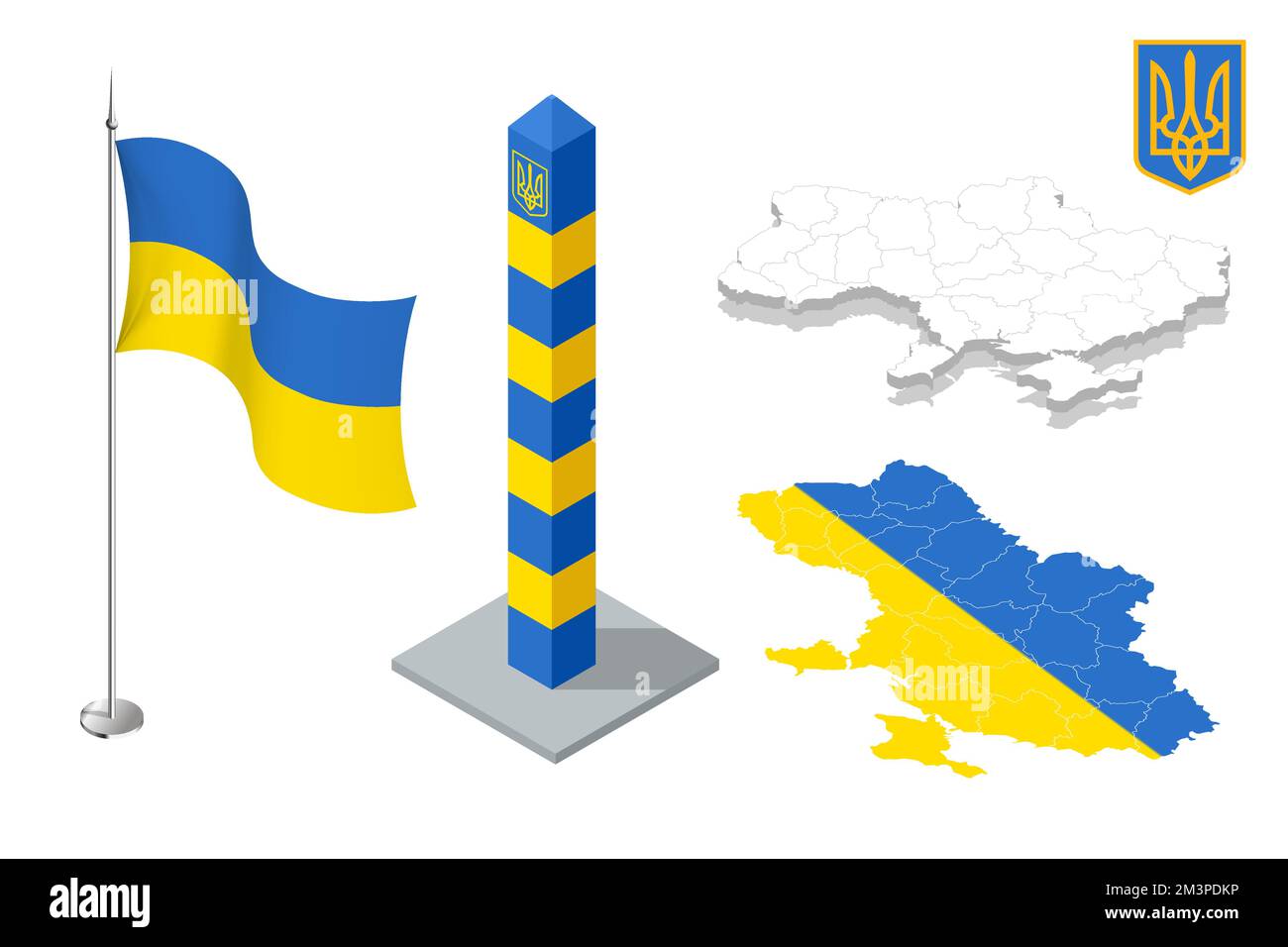 Ukraine isométrique armoiries, drapeau et carte. L'Ukraine est un pays d'Europe de l'est. Illustration de Vecteur