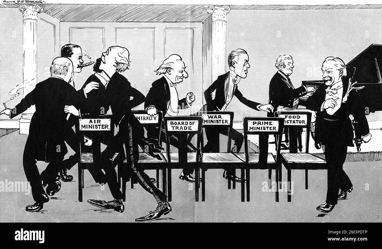 Les politiciens échangent leurs différents rôles au sein du gouvernement comme s’ils jouaient à une partie de chaises musicales. Date: 1916 Banque D'Images