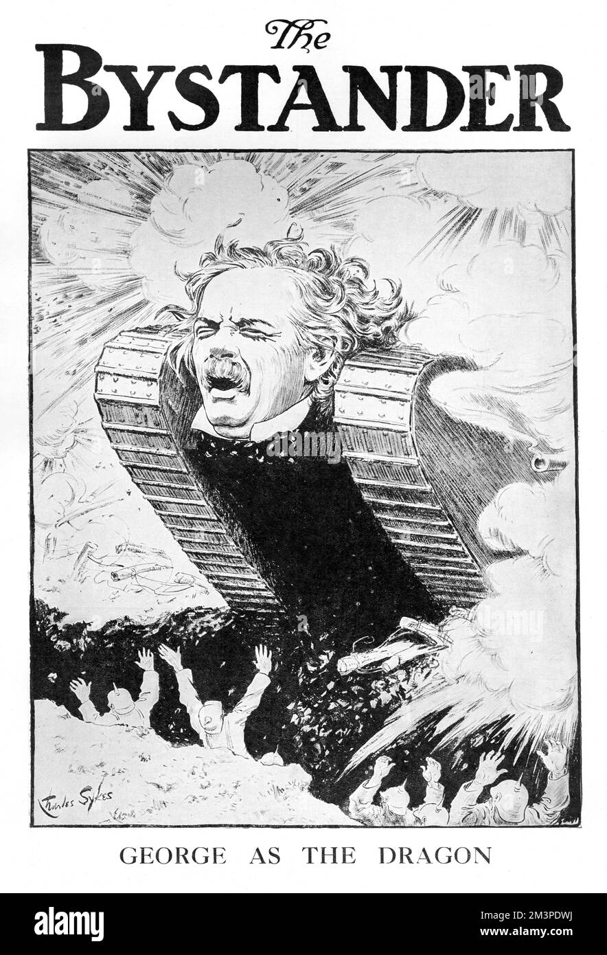 Le visage de David Lloyd George orne l'avant d'un char alors qu'il prend le rôle de Premier ministre britannique pendant la première Guerre mondiale Date: 1916 Banque D'Images