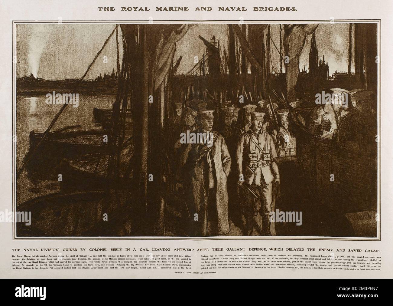 Les Brigades Marine royale et navale (Division navale) de la Marine royale britannique étant guidées par le colonel Seely en voiture, laissant Anvers après leur défense galante, ce qui a retardé l'ennemi et sauvé Calais. Reproduction d'un dessin de John Dakin dans Great War Deeds, un supplément de panorama spécial produit par The Illustrated London News en 1915, mettant en vedette les actions héroïques de la première Guerre mondiale. Date: 1915 Banque D'Images