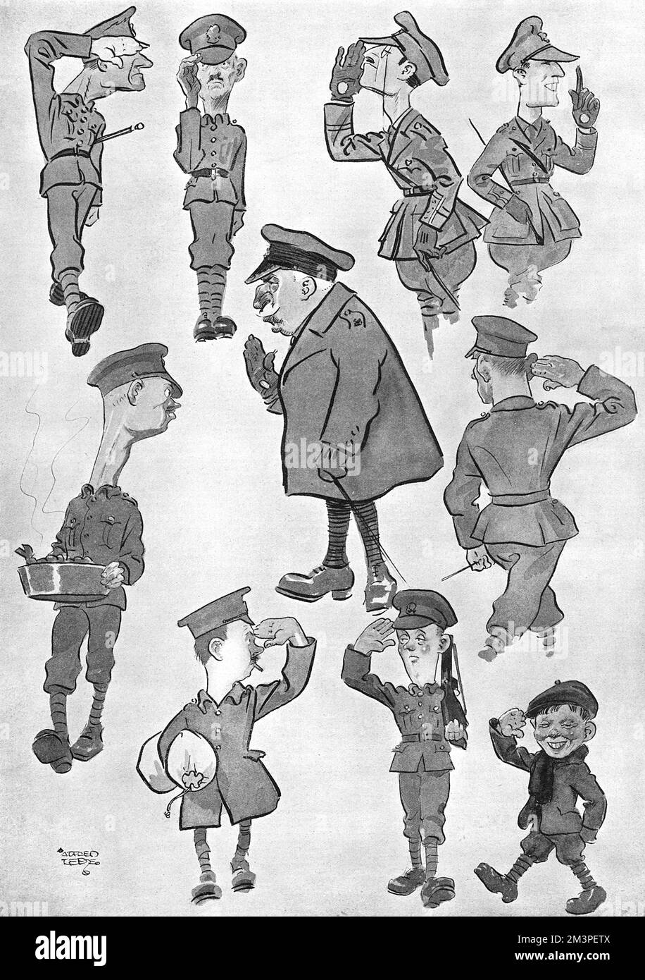 Caricatures humoristiques de divers types d'Armée montrant les styles variés de salutes utilisés. Date: 1918 Banque D'Images