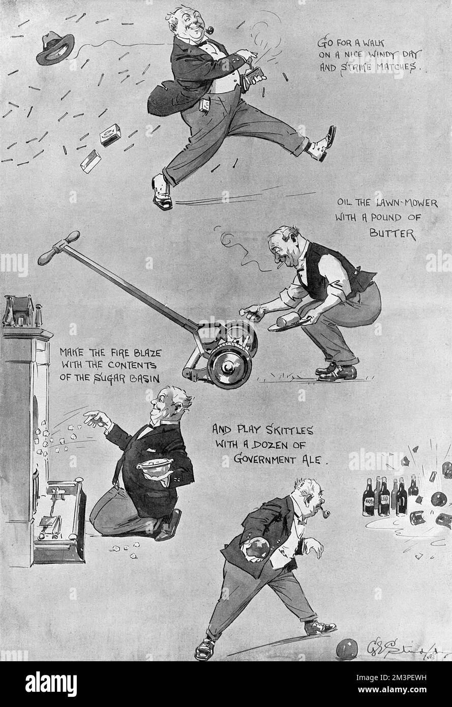 Caricature de George Studdy montrant un gent se livrant volontairement à des comportements inutiles, un soulagement bienvenu après des années de contrôle alimentaire, de pénuries et de rationnement. Date: 1918 Banque D'Images
