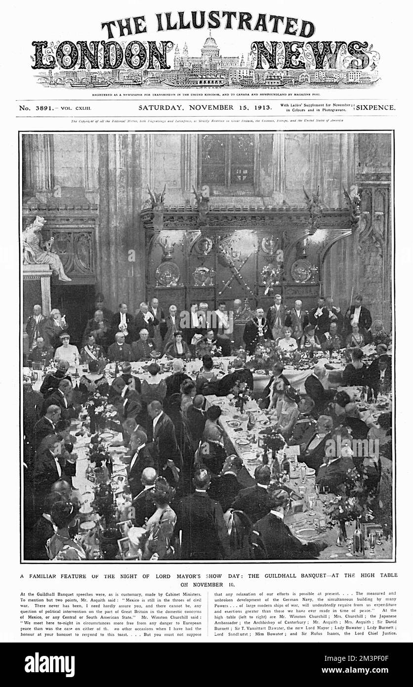 Le banquet Guildhall le soir du Lord Mayor's Show à Londres : le Lord Mayor et les ministres du cabinet s'exprimait à la table haute. Banque D'Images