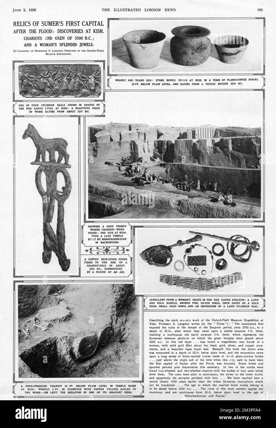 Découvertes archéologiques à Kish - Cylinder Seals, des bols en pierre, la tranchée profonde d'excavation un guide-guide en cuivre, des bijoux et un char entier à quatre roues. Date: 1928 Banque D'Images