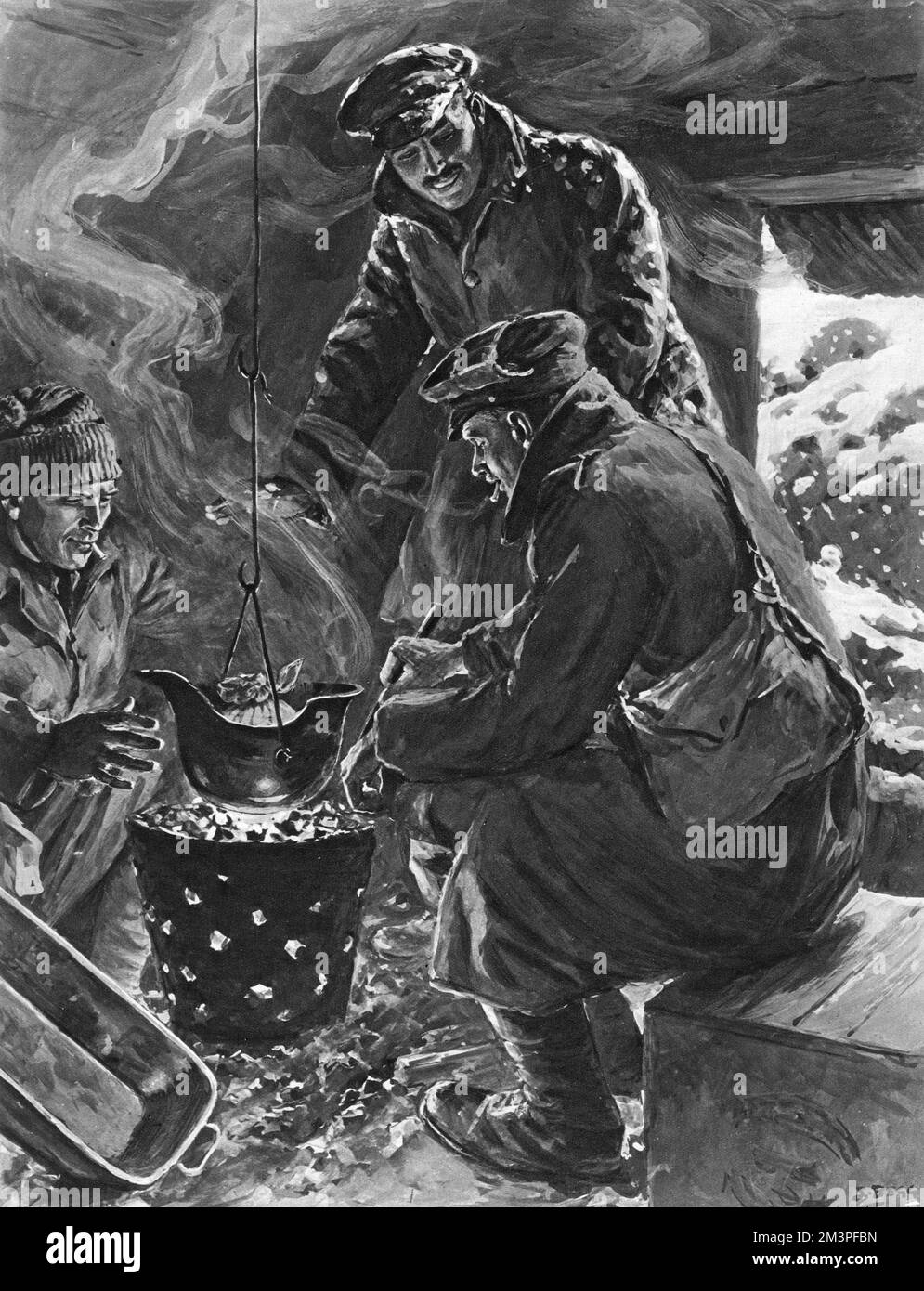 Cuisiner le pudding de prune dans un casque d'acier allemand - Une scène de Noël dans un dug-out britannique à l'avant. 1916 Banque D'Images
