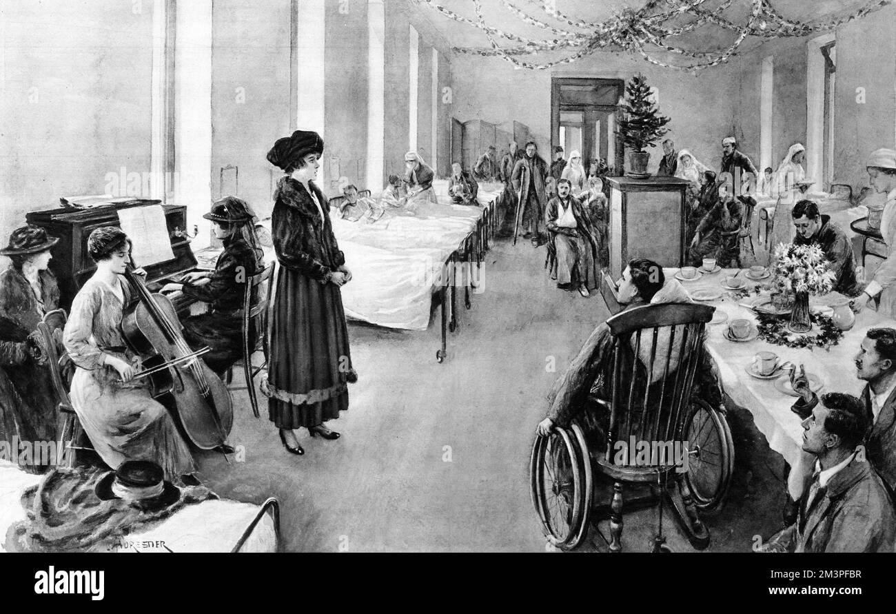 La musique dans une guerre hospitalière à Noël - des femmes qui divertiaient des blessés dans le quartier d'un hôpital militaire pendant la première Guerre mondiale. Date: 1917 Banque D'Images