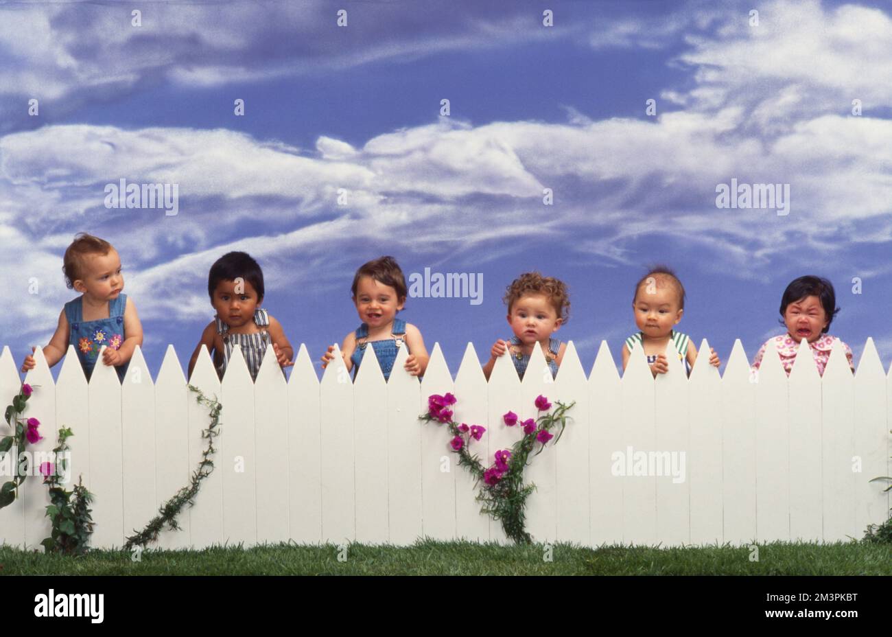 Rangée de bébés multiethniques debout derrière une clôture blanche avec ciel bleu et nuages en arrière-plan Banque D'Images
