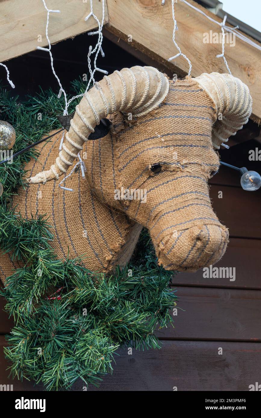 Décoration de Noël bourrée de vache bovine suspendue sur un mur en bois pendant la saison festive célébrant la nativité de Jésus Christ, stoc Banque D'Images