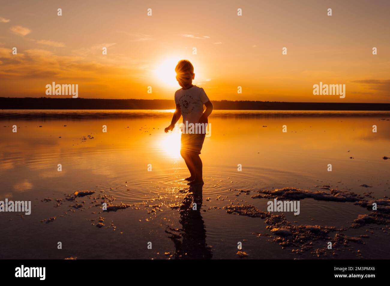 Silhouette d'enfant masculin dans les rayons du soleil. Air frais, environnement concept. Banque D'Images