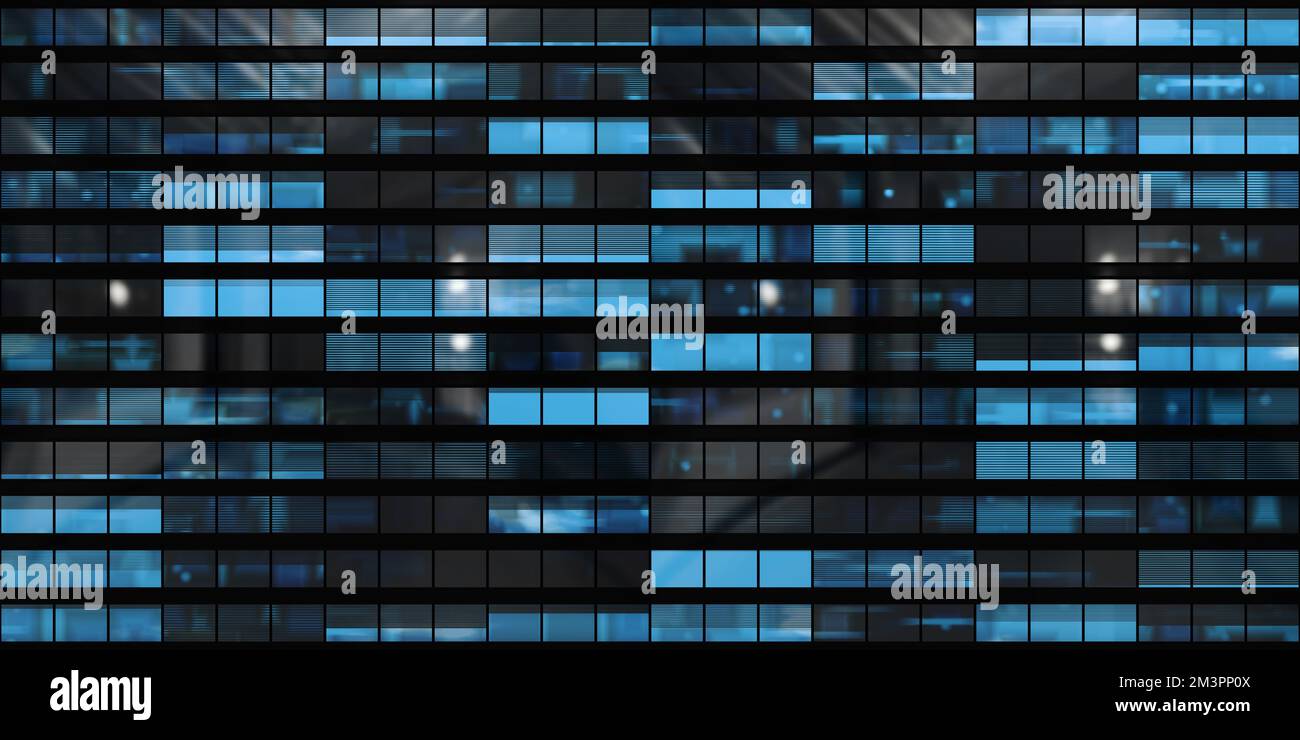 Façade en gratte-ciel sans couture avec fenêtres et stores bleus la nuit. Texture d'arrière-plan moderne et abstraite d'un bâtiment de bureau avec des lumières luminescentes Banque D'Images