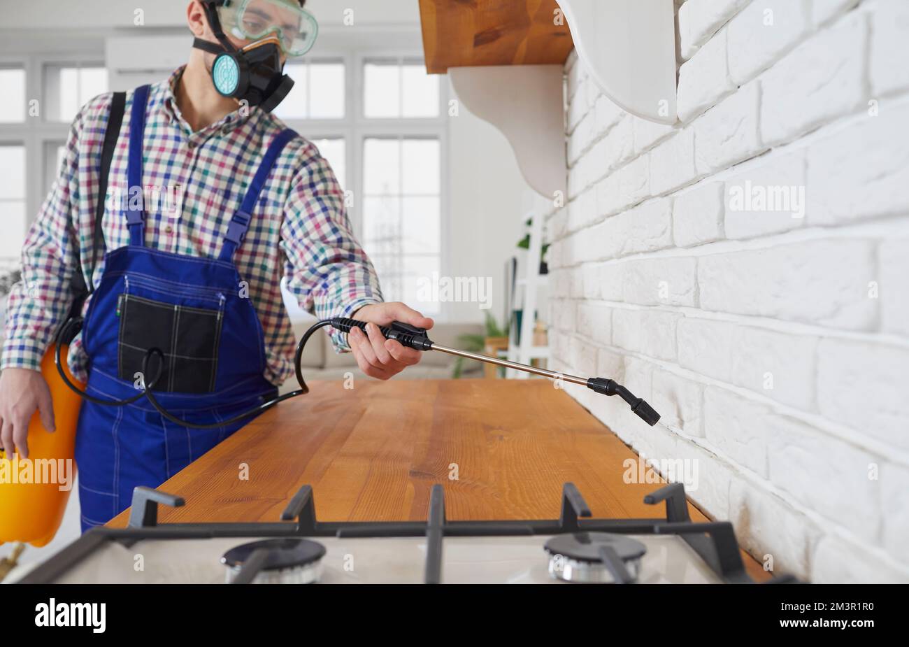 Un agent de lutte antiparasitaire vaporise un insecticide toxique dans la cuisine d'une maison ou d'un appartement Banque D'Images