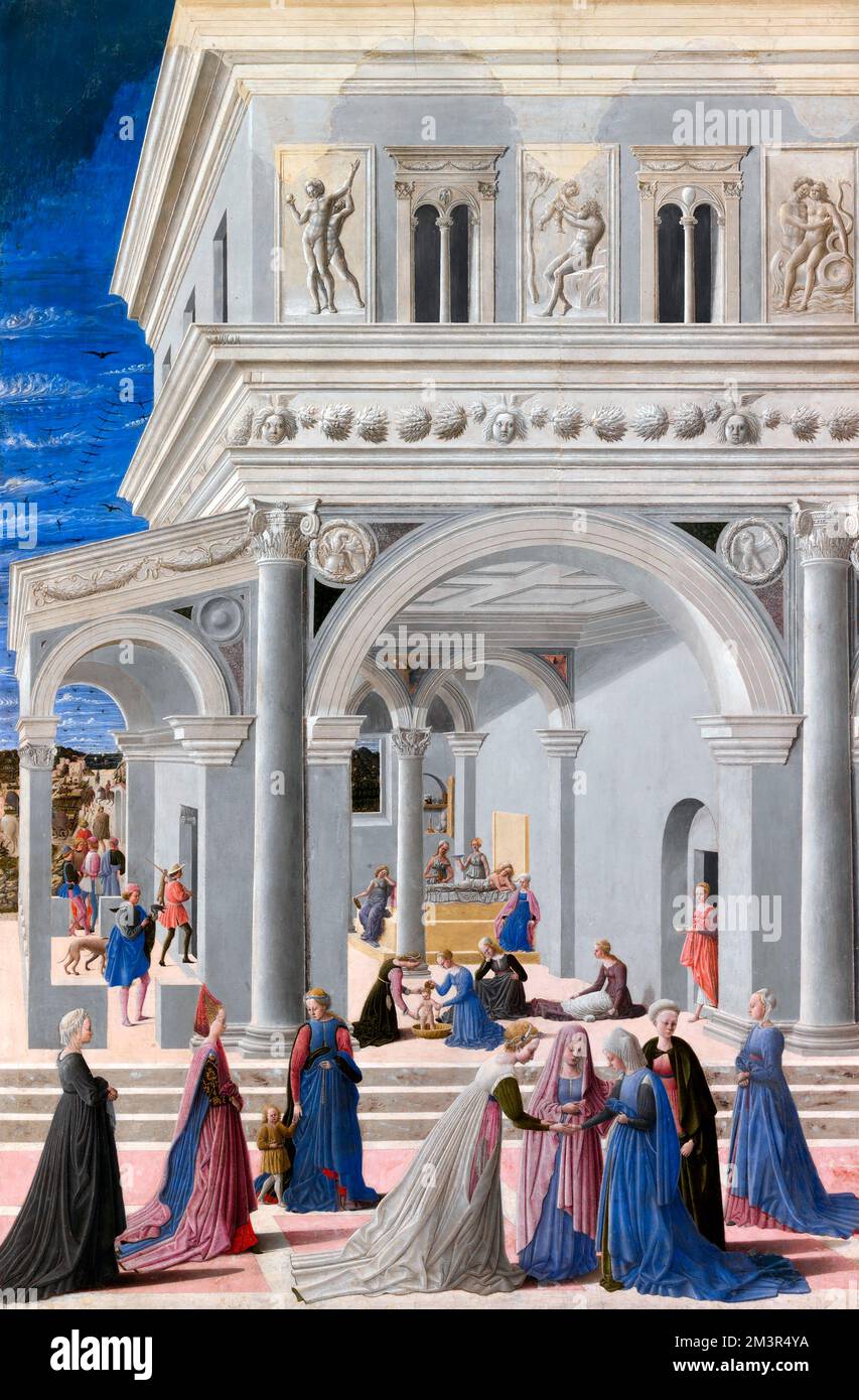 La naissance de la Vierge par FRA Carnevale (Bartolomeo di Giovanni Corradini - 1420-1425 – 1484), tempera et huile sur bois, 1467 Banque D'Images