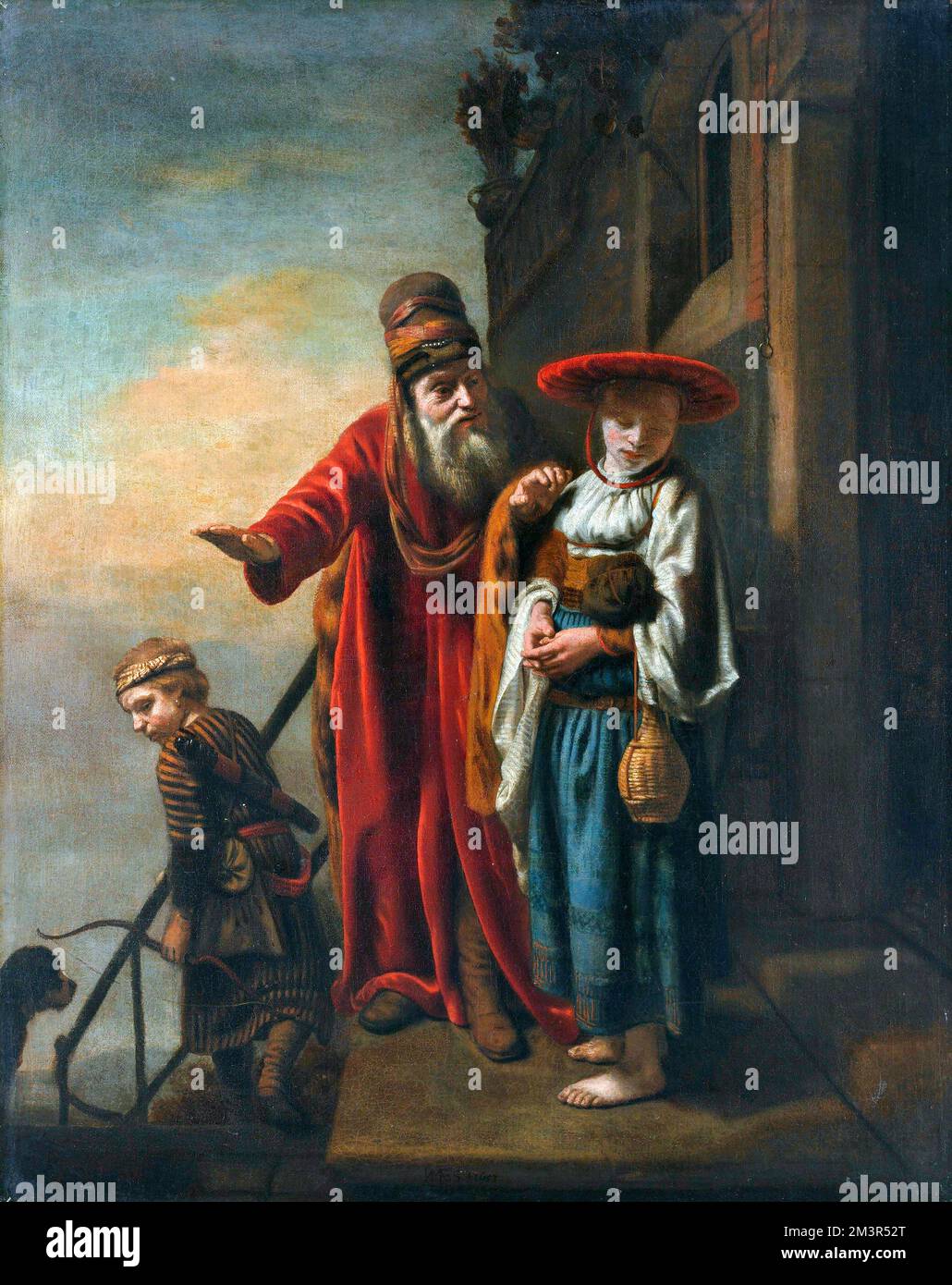 Abraham rejetant Hagar et Ismael par Nicolaes Maes (1634-1693), huile sur toile, 1653 Banque D'Images
