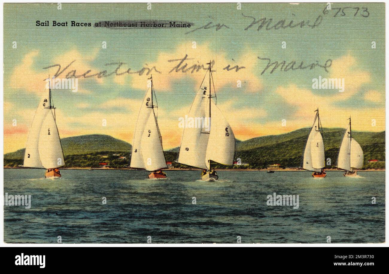 Courses de bateaux à voile à Northeast Harbour, Maine , Bateaux, ports, Tichnor Brothers Collection, Cartes postales des États-Unis Banque D'Images