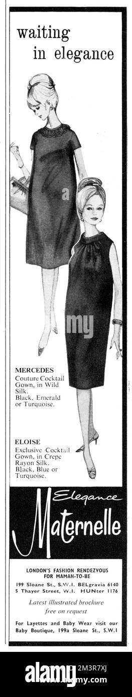 Publicité pour un couple d'élégantes robes de cocktail de couture pour les femmes enceintes, disponible de Elegance Maternelle de Sloane Street et Thayer Street, Londres. Date: 1965 Banque D'Images