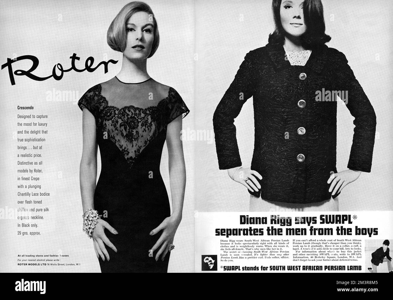 Diana Rigg portant une veste SWAPL, publicité Roter Banque D'Images