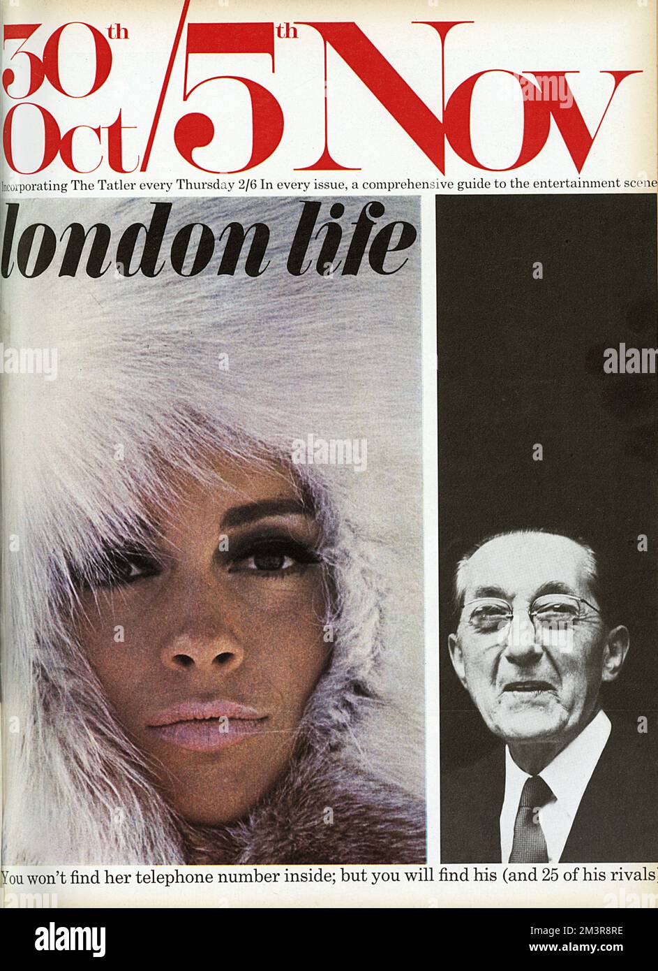 Couverture du magazine London Life présentant un modèle portant un manteau avec une capuche en fourrure et un homme d'affaires. Date: 1965 Banque D'Images