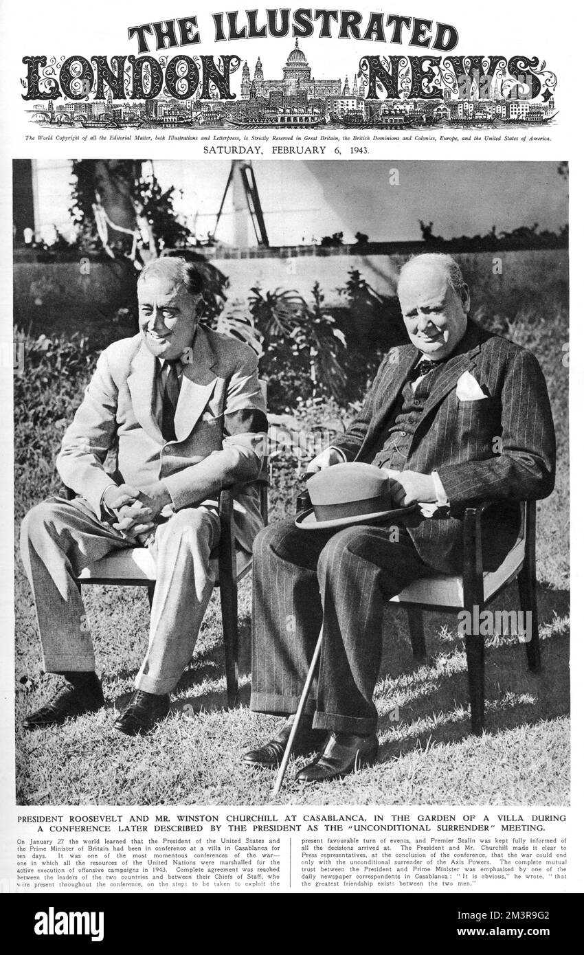 Le président Roosevelt et le Premier ministre Churchill sur la couverture de The Illustrated London News. Ils étaient à Casablanca dans le jardin d'une villa lors d'une conférence plus tard décrite par le président comme la réunion de "capitulation inconditionnelle". C'était l'une des conférences les plus capitales de la guerre. Date: 1943 Banque D'Images