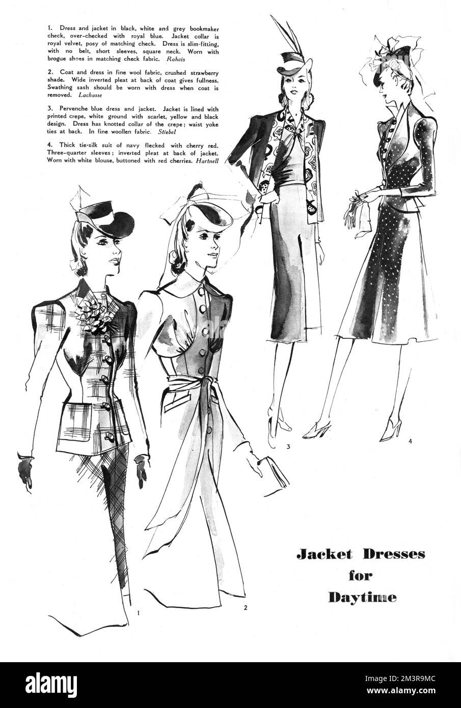 Éditorial de la mode pour le printemps à venir orné de quatre dessins de femmes portant des robes de jour de veste conçues par des designers célèbres. Les objets reproduits incluent une robe cintrée et une veste en velours royal de Rahvis, un manteau et une robe en laine fine de Lachasse, une robe et une veste en laine bleue de Victor Stiebel et un costume épais en soie de cravate de Norman Hartnell. Date: 1940 Banque D'Images Éditorial de la mode pour le printemps à venir orné de quatre dessins de femmes portant des robes de jour de veste conçues par des designers célèbres. Les objets reproduits incluent une robe cintrée et une veste en velours royal de Rahvis, un manteau et une robe en laine fine de Lachasse, une robe et une veste en laine bleue de Victor Stiebel et un costume épais en soie de cravate de Norman Hartnell. Date: 1940 Banque D'Images