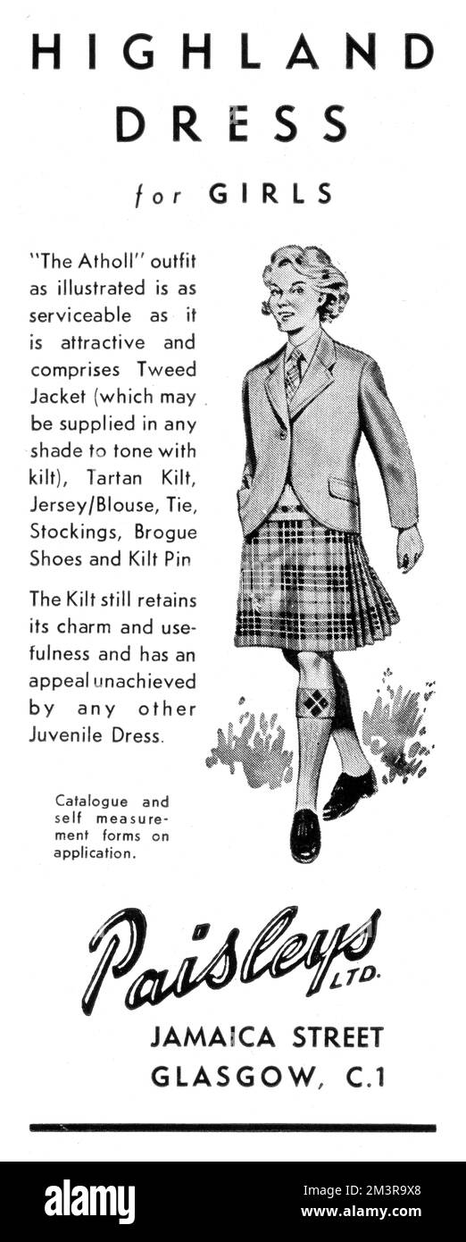 La tenue Atholl - « aussi pratique que attrayante » comprenant une veste en tweed, un four à tartan, un chemisier en jersey, une cravate, des bas, chaussures de richelieux et broche de kilt. Disponible auprès de Paisleys Ltd de Glasgow. Date: 1956 Banque D'Images