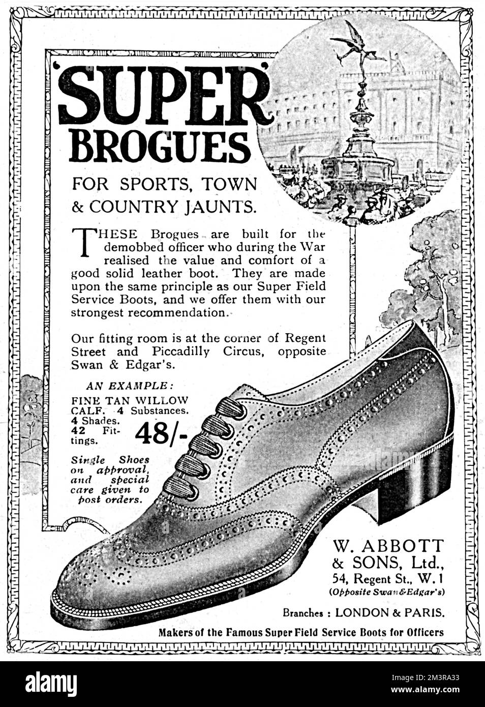 Publicité pour les brogues « super » « pour les amateurs de sport, de ville et de campagne ». Construit par W. Abbott and Sons Ltd pour le démobildbed Officer qui, « pendant la guerre, a réalisé la valeur et le confort d'une bonne chaussure en cuir solide. » Date: 1919 Banque D'Images