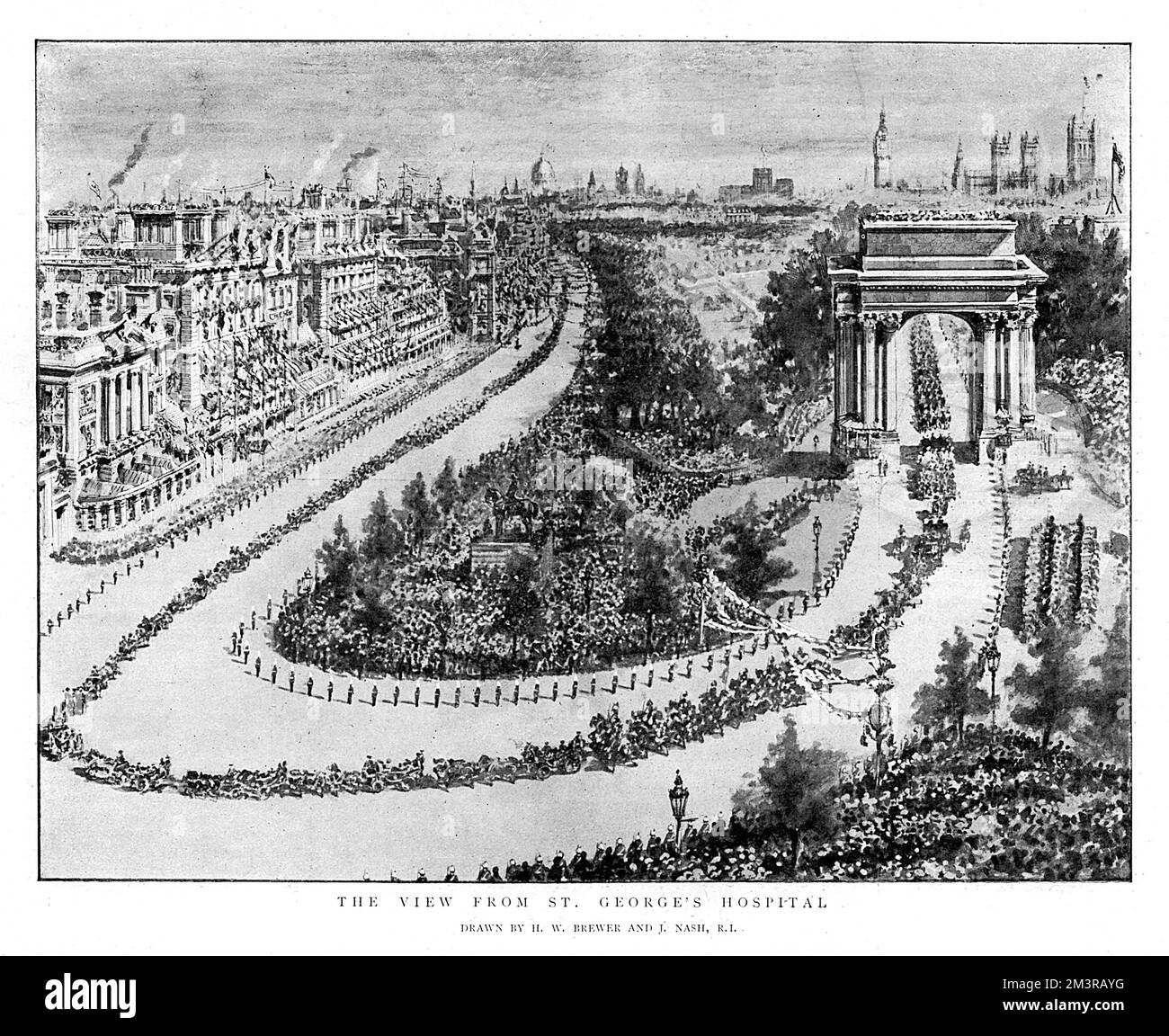 Vue aérienne des célébrations du Jubilé de la reine Victoria à l'hôpital St George le 20 juin 1897, avec le passage de la procession. Date : 20 juin 1897 Banque D'Images