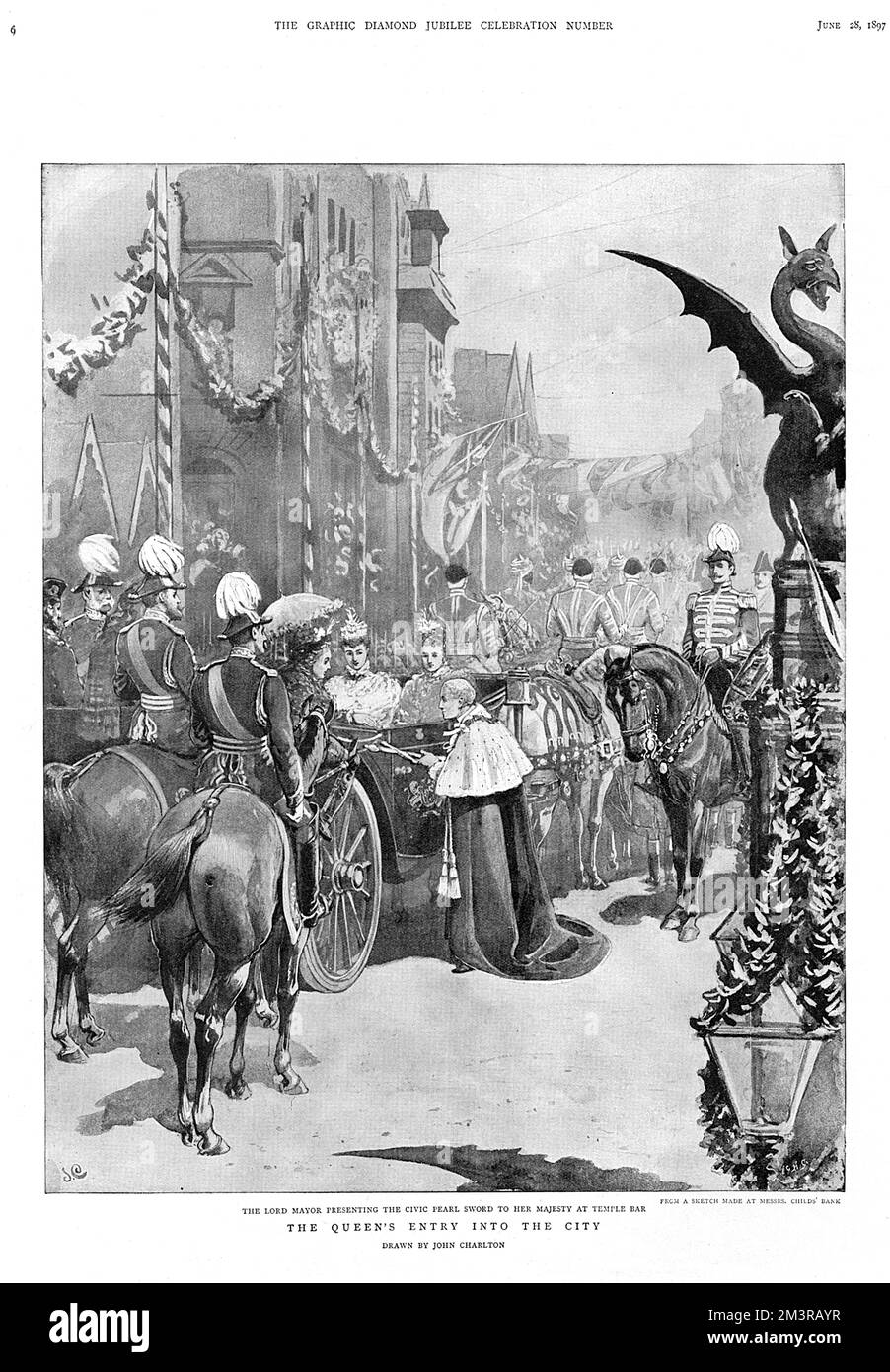 Lord Mayor présente l'épée de perle civique à la reine Victoria, à Temple Bar, à son entrée dans la ville de Londres, lors des célébrations du Jubilé, le 20 juin 1897. Date : 20 juin 1897 Banque D'Images