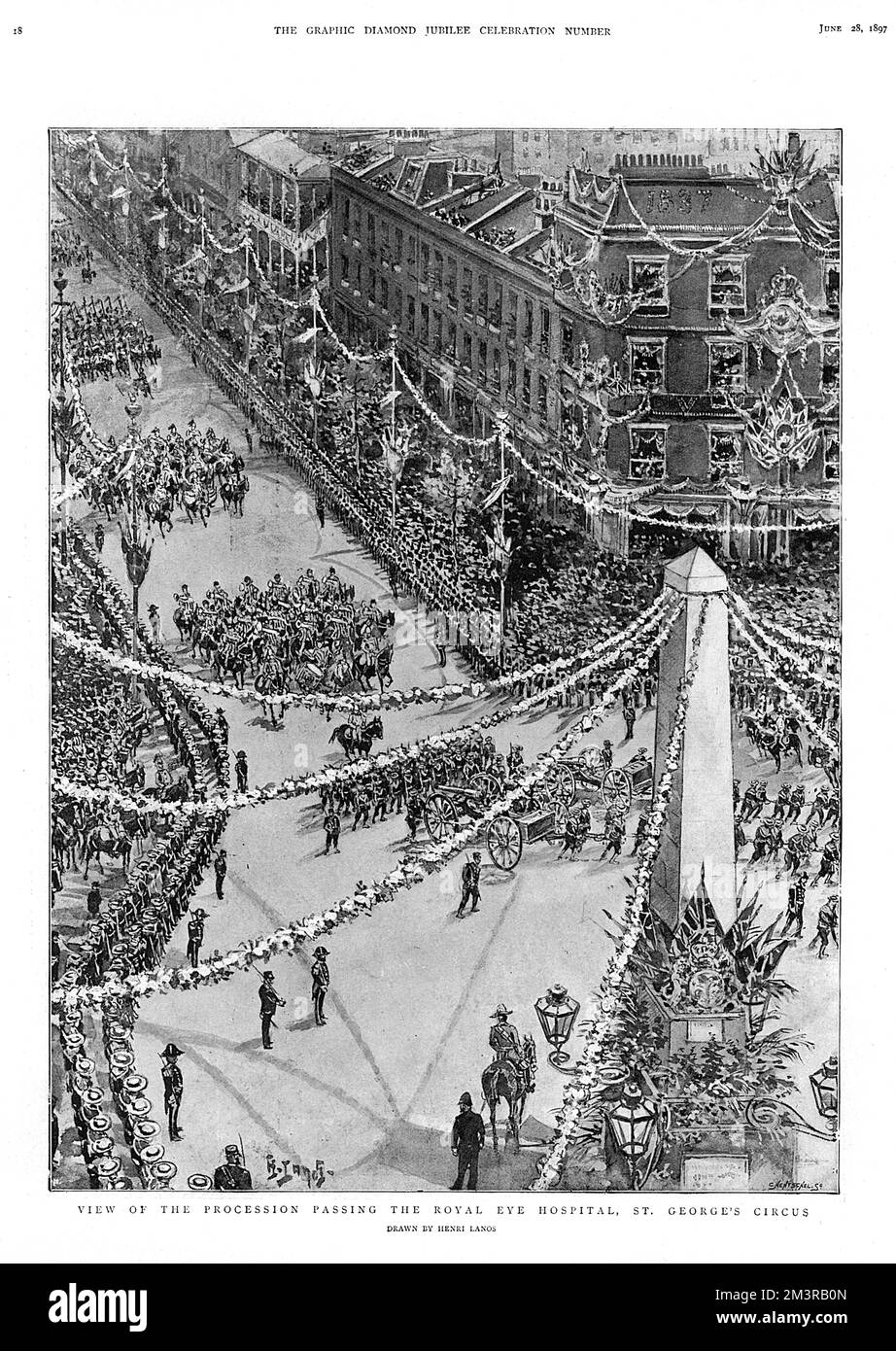 Vue aérienne des célébrations du Jubilé de la reine Victoria le 20 juin 1897, avec le cortège passant devant l'hôpital Royal Eye, le Cirque St George. Date : 20 juin 1897 Banque D'Images