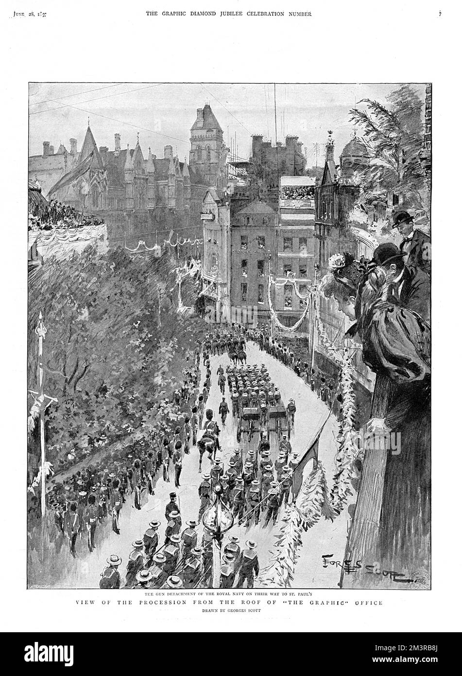 Vue aérienne depuis le toit du bureau graphique des célébrations du Jubilé de la reine Victoria le 20 juin 1897, avec le détachement d'armes de la Royal Navy passant par la cathédrale Saint-Paul. Date : 20 juin 1897 Banque D'Images