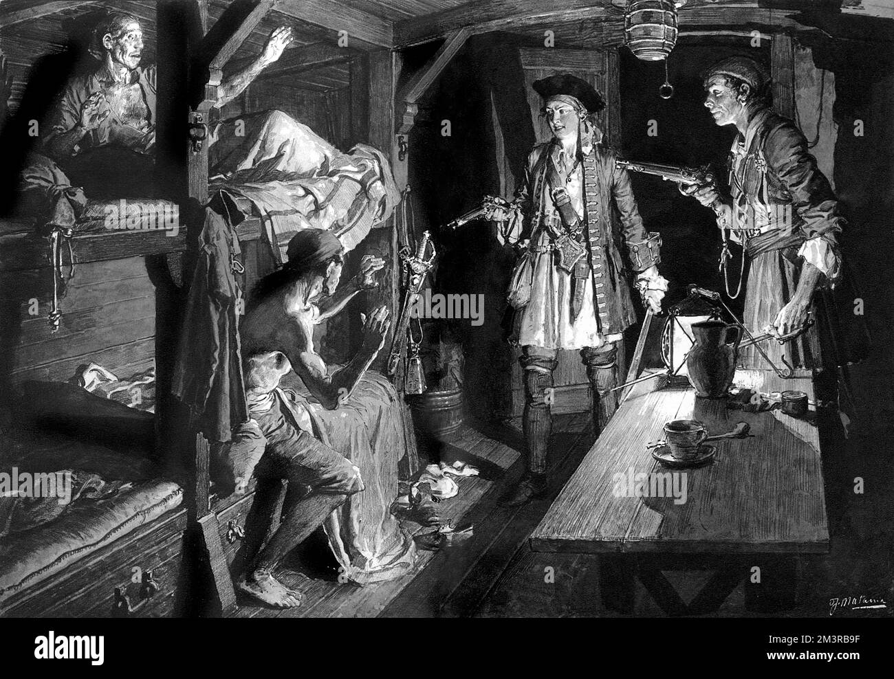 Anne Bonny, également connue sous le nom de Bonney (vers 1700-1782), célèbre femelle buccaneer, photographiée dans la cabine d'un navire pointant son pistolet vers deux marins peu méfiants dans leurs couchettes sous le pont. Date: c.1725 Banque D'Images