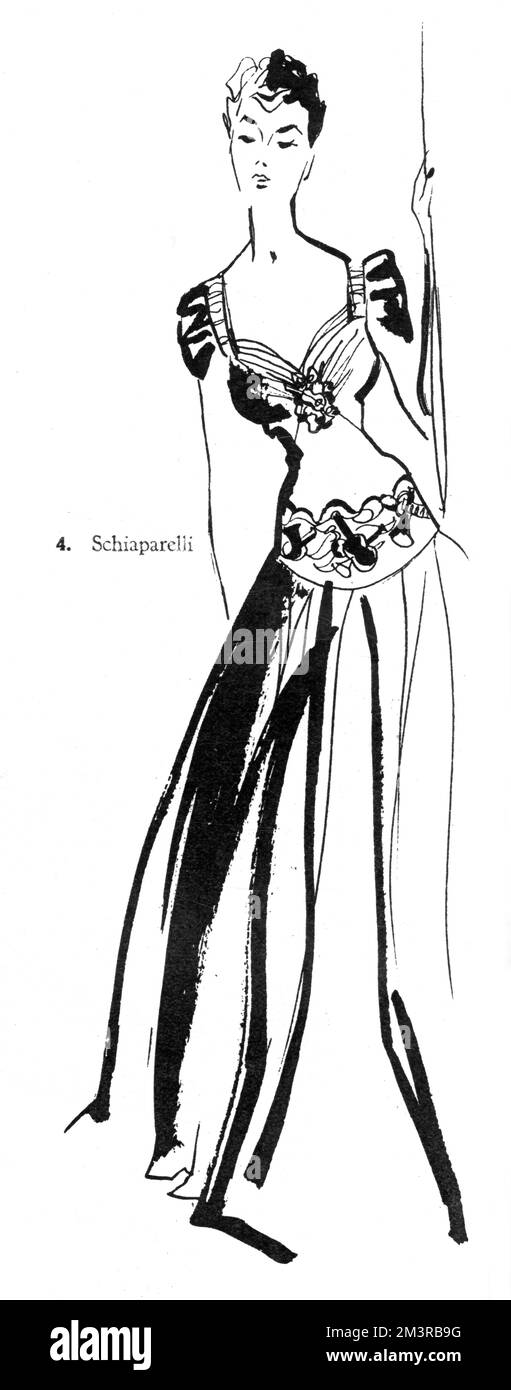 Illustration d'une robe d'été conçue par Elsa Schiaparelli en mousseline flamme, avec des instruments de musique en métal turquoise, flamme et or brodés autour d'une ligne de hanches tombant. Date: 1939 Banque D'Images