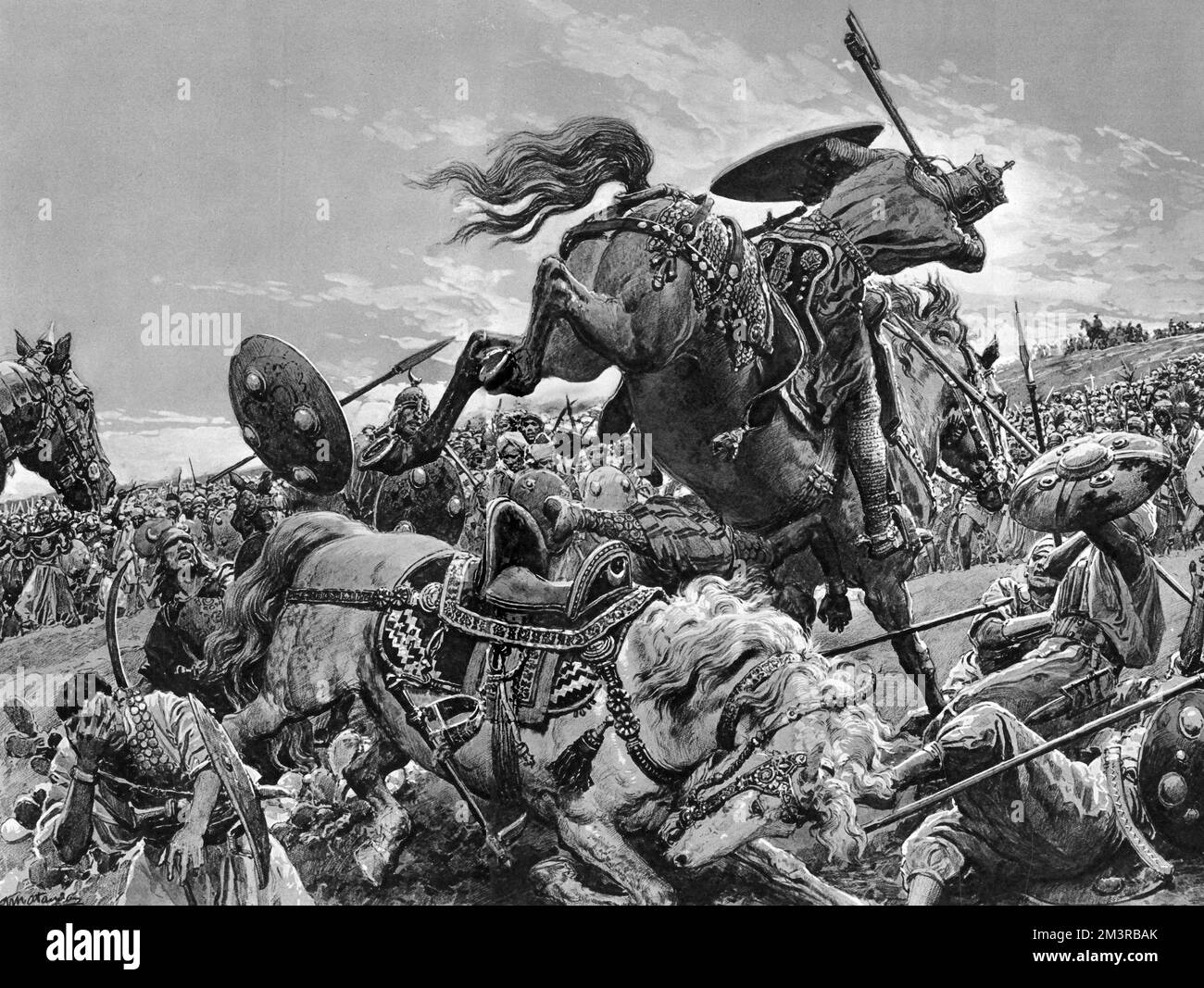 Richard I au siège d'Acre sur des sauts à cheval sur un cheval balançant sa hache à travers les airs sur le point de frapper deux hommes. Date: 1191 Banque D'Images