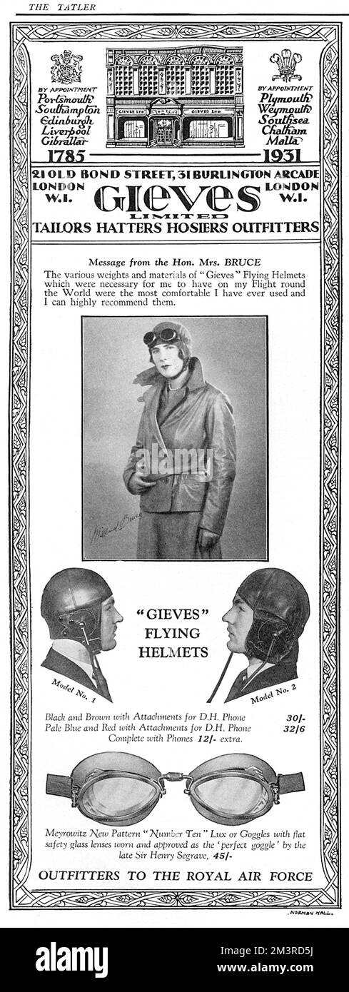 Publicité pour Gieves of Old Bond Street et Burlington Arcade, Londres, pourvoyeurs de la Royal Air Force, en particulier pour la promotion de leurs casques de vol qui sont approuvés par la femme aviatrice, Mme Victor Bruce. Date: 1931 Banque D'Images