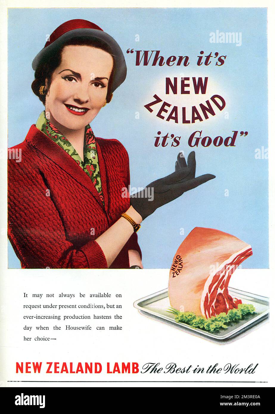 Publicité pour l'agneau de Nouvelle-Zélande, 1952 ans, avec une femme au foyer disant : « quand c'est la Nouvelle-Zélande, c'est bon ». Il y a un clin d'œil au rationnement : il peut ne pas toujours être disponible sur demande dans les conditions actuelles, mais une production toujours plus importante se hante le jour où la femme au foyer peut faire son choix. Date: 1952 Banque D'Images
