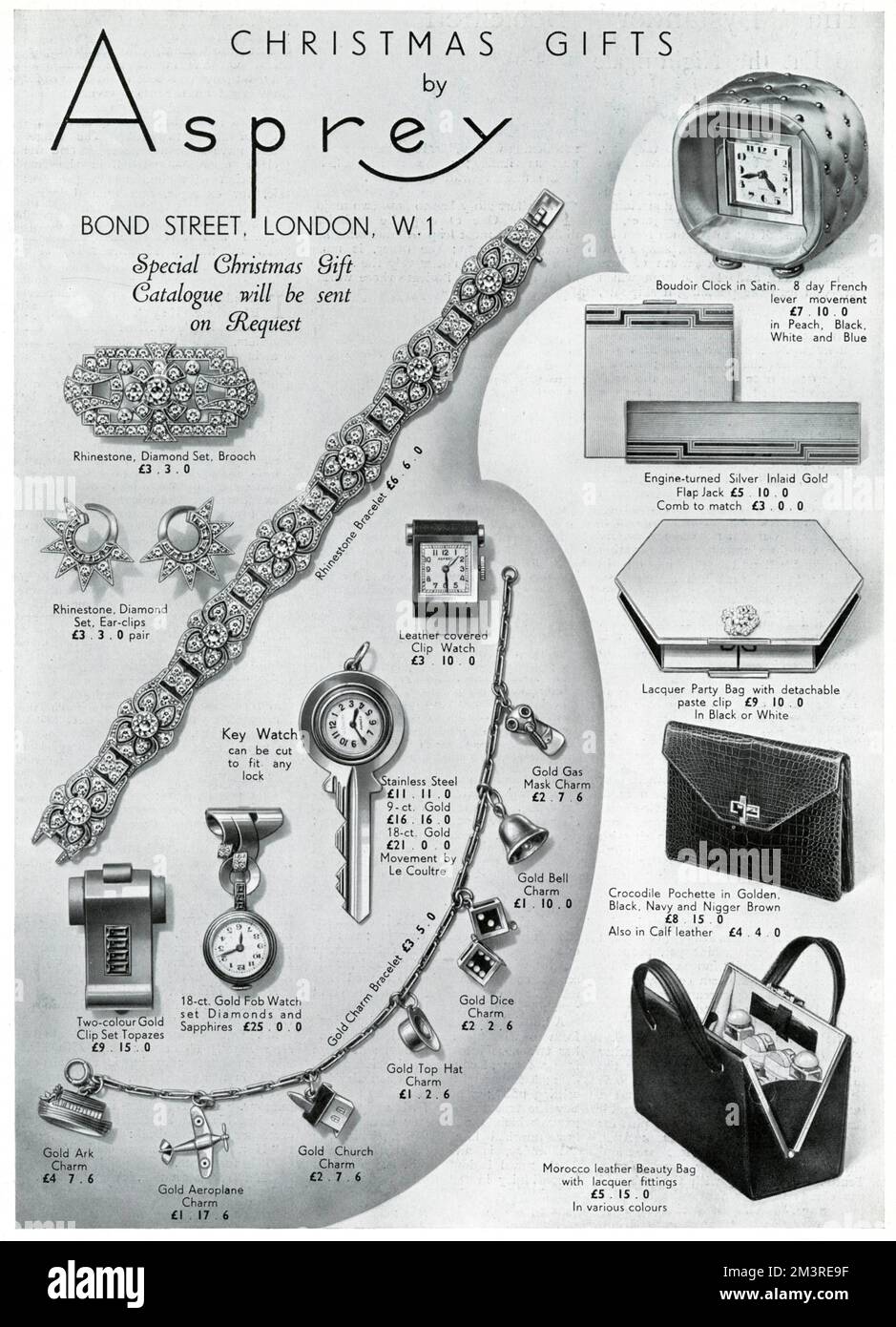 Cadeaux de Noël d'Asprey comprenant : broche de jeu de diamants de rhinestone, clips d'oreilles et bracelet, montre-clé, montre porte-clés or, bracelet de charme or et sacs de pochette. 1938 Banque D'Images