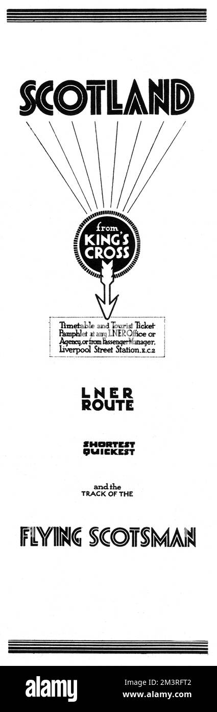 Publicité pour le London and North Eastern Railway (LNER), piste du Flying Scotsman de Londres à l'Écosse. Date: 1926 Banque D'Images