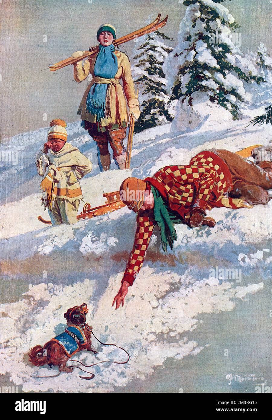 The Rescue - une scène sur une piste de neige suisse. Un skieur se penche pour sauver un petit chien qui est tombé sur le bord d'une corniche enneigée, beaucoup à la détresse d'un petit enfant. Date: 1922 Banque D'Images