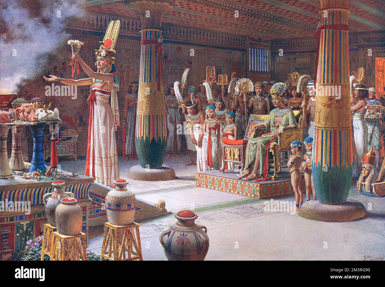 Nefertiti, Reine d'Akhna-ton, photographiée comme priestieure dans son propre temple de la ville d'Horizon. Les petits princes et princesses se tiennent à côté du roi, qui, portant la robe de tête militaire du Pharaon, est vu assis devant l'autel. Aux marches de l'autel lui-même se trouve Nefertiti s'adressant au grand Aton. D'abord dans une série de quatre recréations historiques imaginant des scènes dans la vie de grands reines de l'histoire par l'artiste, Fortunino Matania dans la sphère. Date: 1927 Banque D'Images
