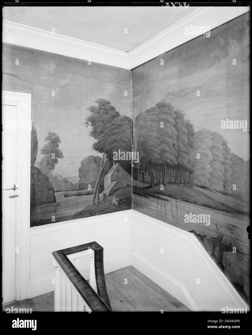 Salem, 393 Essex Street, détails intérieurs, papier peint, maison Timothy Lindall, Cinquième scène, hall supérieur , Maisons, intérieurs, Fonds d'écran. Collection de négatifs sur plaque de verre de Frank cousins Banque D'Images