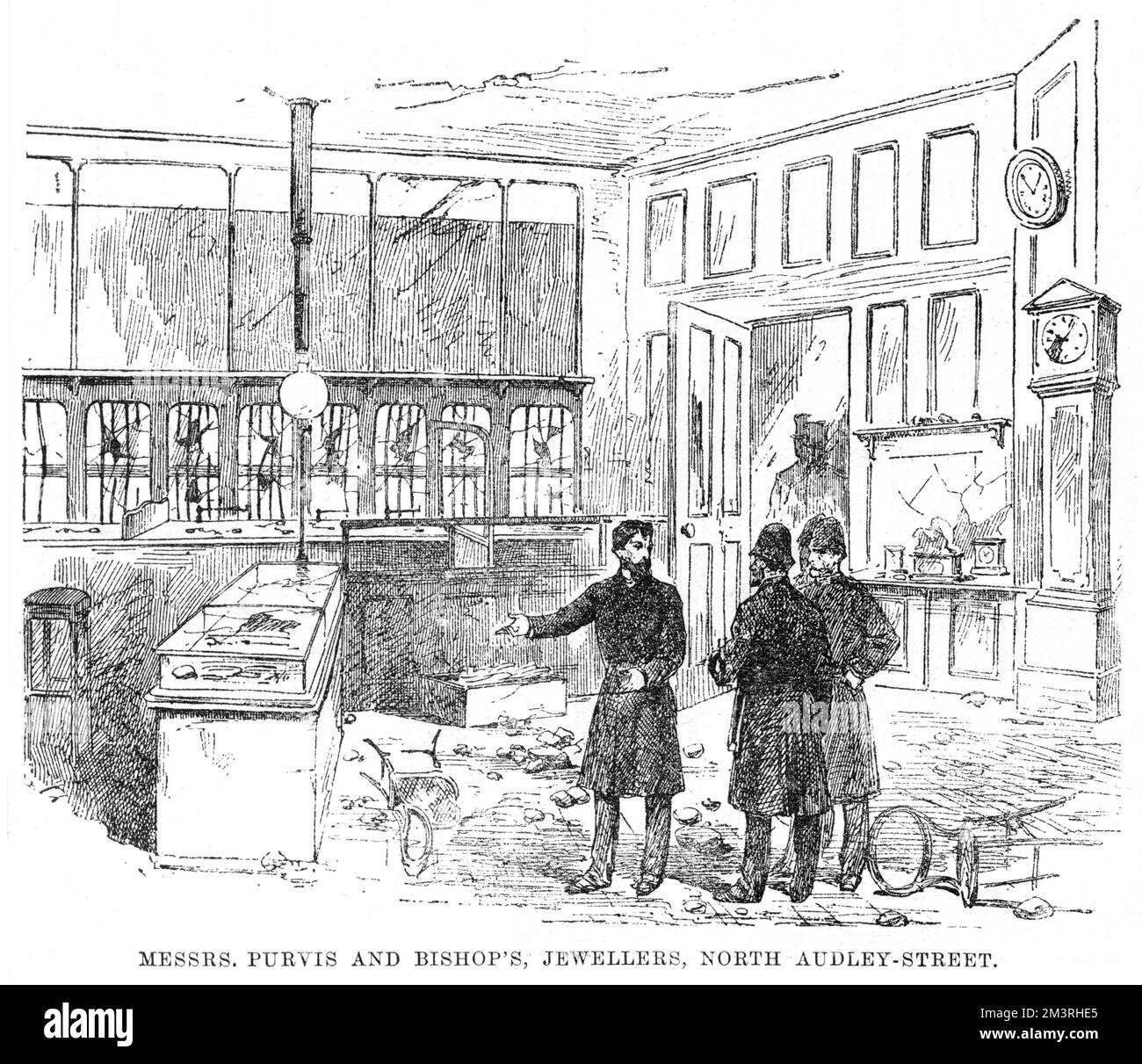 Les dommages causés par les émeutiers à Messrs Purvis et à la bijouterie Bishop's, sur la rue North Audley, lors des émeutes de 1886 dans le West End. Lors d’une réunion en plein air d’ouvriers et d’artisans du quai East End au chômage à Trafalgar Square, les gens ont été enflammés à la suite de discours incendiaires, et se sont révoltés, causant des ravages dans les rues à la mode du West End. Date: 1886 Banque D'Images