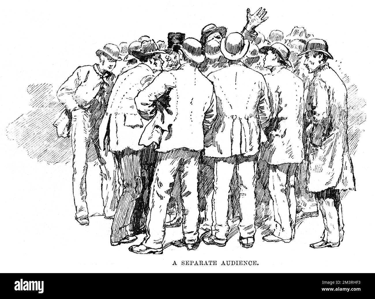 Une foule de chômeurs discutant des enjeux du moment, esquissée lors de la manifestation de Trafalgar Square à Londres, au moment des émeutes de l'Ouest en 1886. Lors d’une réunion en plein air d’ouvriers et d’artisans du quai East End au chômage à Trafalgar Square, les gens ont été enflammés à la suite de discours incendiaires, et se sont révoltés, causant des ravages dans les rues à la mode du West End. Date: 1886 Banque D'Images