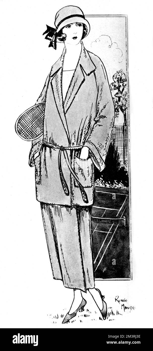 Une jeune femme élégante portant un costume de sport de H J Nichols. Elle est maintenant tout prête pour un jeu vigoureux de tennis. Date: 1923 Banque D'Images