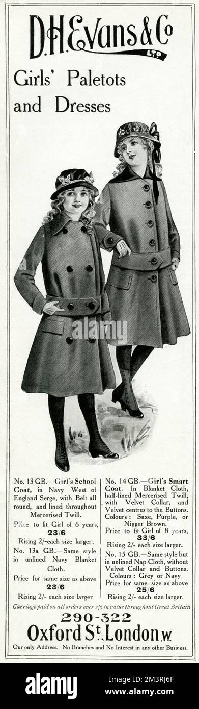 Publicité pour uniformes scolaires de filles D. H Evans 1915 Banque D'Images