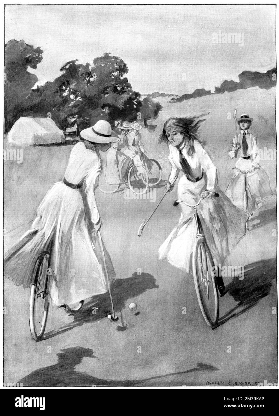 Les filles jouant au hockey sur vélo, une forme de polo sur roues, à l'époque le sport du vélo était au plus haut de la popularité. 1899 Banque D'Images