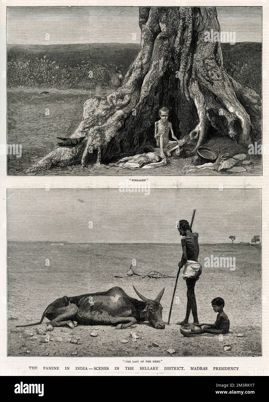 Page du graphique, 6th octobre 1877, montrant la famine en Inde - scènes dans le quartier de Bellary, présidence de Madras. « Abandonné » et « le dernier de l'héré ». 1877 Banque D'Images