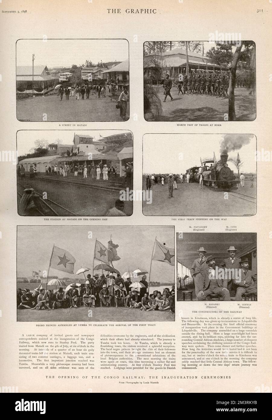 L'ouverture du chemin de fer du Congo : les cérémonies d'inauguration. Une page du graphique, 3rd septembre 1898. Parmi les photos sur la page sont celles montrant un passé de mars des troupes à Boma, le premier train s'arrêtant sur le chemin, les princes africains assemblés à Tumba pour célébrer l'arrivée du premier train, et les constructeurs du chemin de fer Messiers Paulissen, Cito, Espanet et Goffin. 1898 Banque D'Images