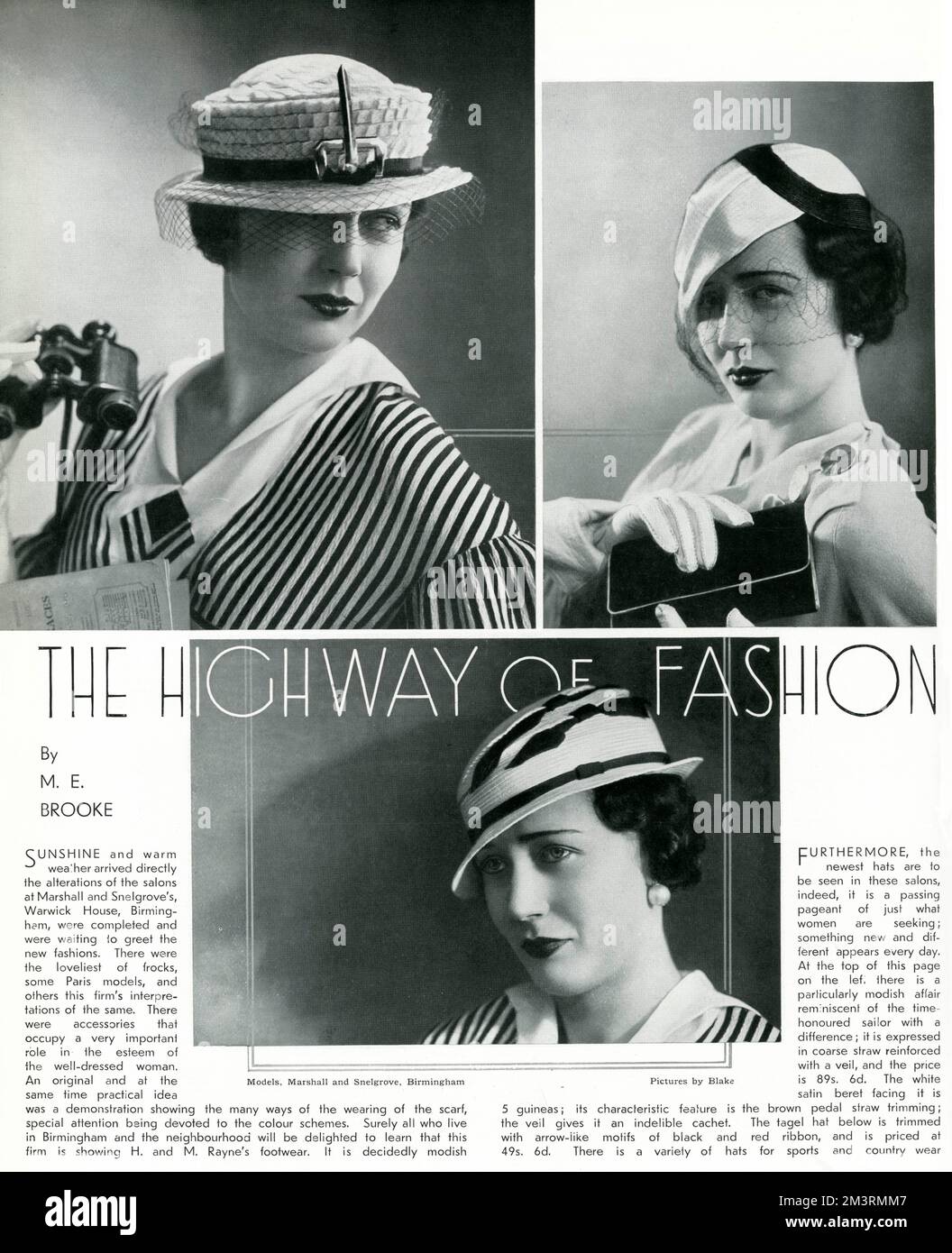 Mannequin portant des chapeaux de printemps et des vêtements tendance de 'Marmahit & amp; Snelgrove'. Date: 1933 Banque D'Images