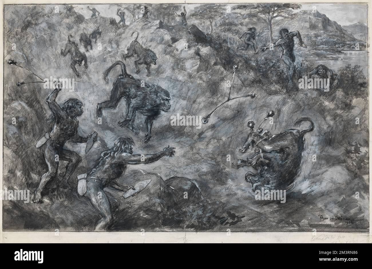 Chasse avec les Bolas: Comment l'homme Aguléen a capturé sa proie avec une arme de l'âge de pierre encore en usage à jour - Une reconstruction d'une scène de chasse à l'âge de pierre. Acheuléen hommes ambuer des babouins géants, la méthode de capture suggérée par les Bolas-Stones découvert au Kenya - Art Work daté de 1946/ publié dans Illustrated London News le 5 octobre 1946, pp384-5 1946 Banque D'Images
